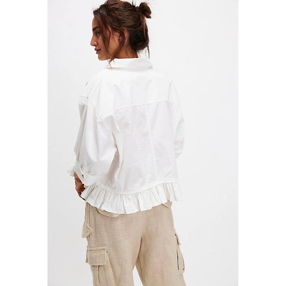 We The Free Bailey Shirt Women XS White Cotton Ruffle Hem Cropped OB2270386 - Picture 10 of 15